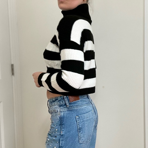 Turtle Neck Cable Knit Cropped Stripe Sweater - Picture 5 of 9